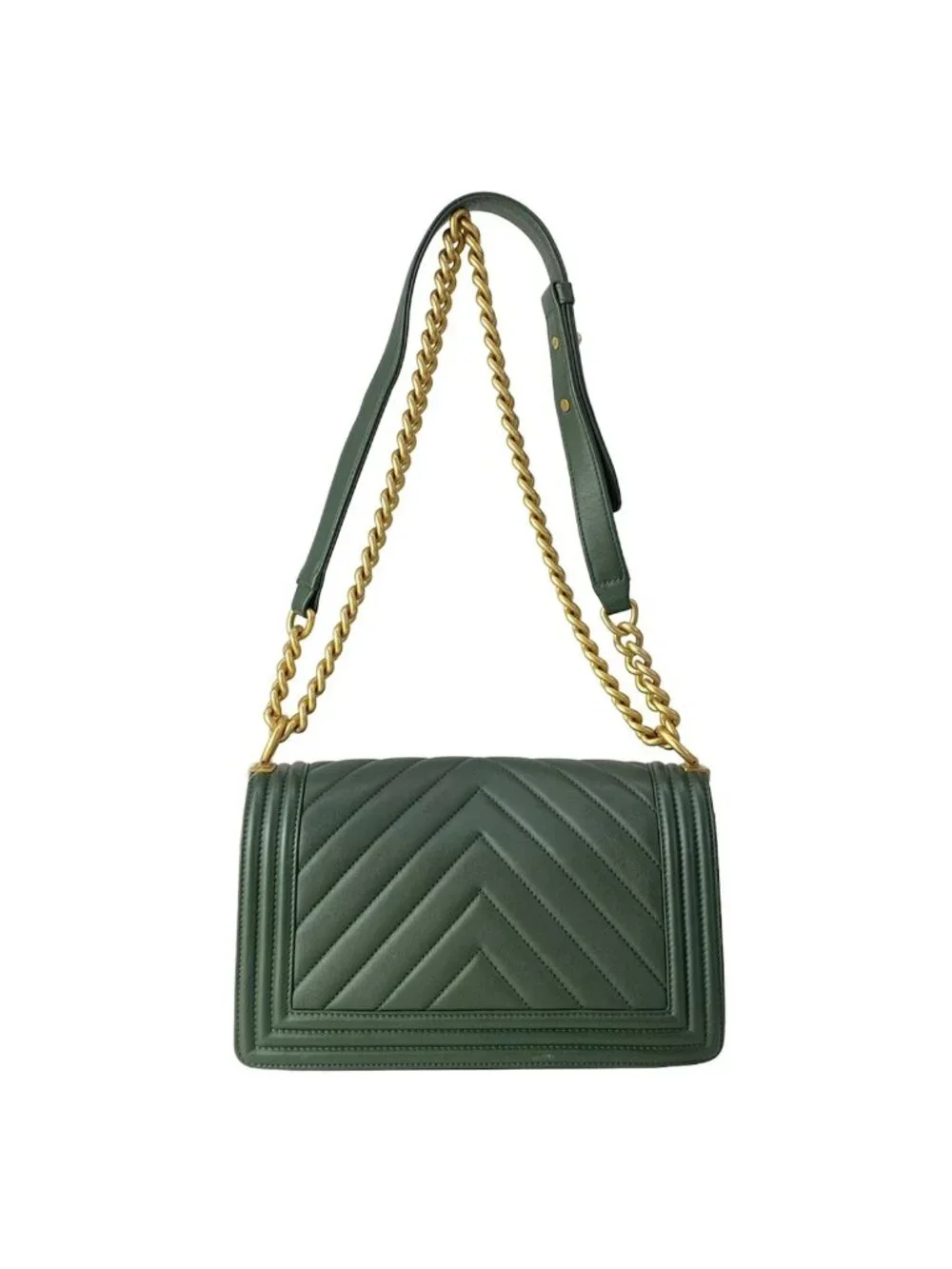 Chanel Shoulder Bag Boy Quilted Dark Green Vintage Gold Chain Leather